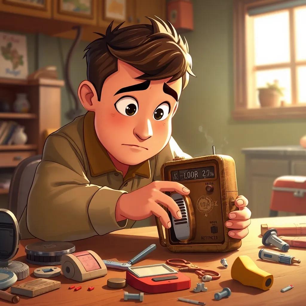 محمد looking at an old gadget, taking it apart with tools, with a determined expression, the pieces scattered around him, illustration, warm colors, focused atmosphere, high quality