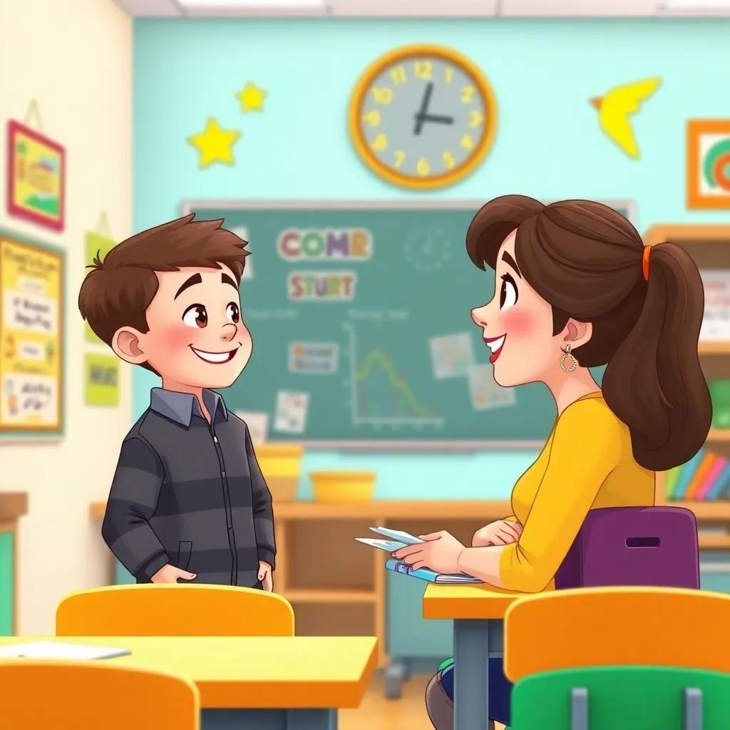 محمد talking to his teacher in a classroom, the teacher smiling and encouraging him about his dreams, colorful classroom with educational posters, illustration, bright colors, positive environment, high quality