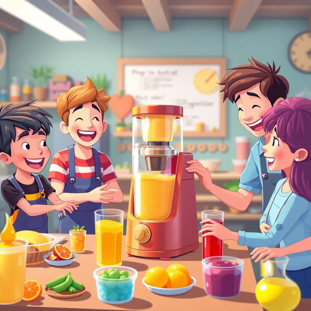 محمد and his friends working together on their juice maker model, laughter and excitement in the air, colorful workshop setting, illustration, vibrant colors, collaborative atmosphere, high quality