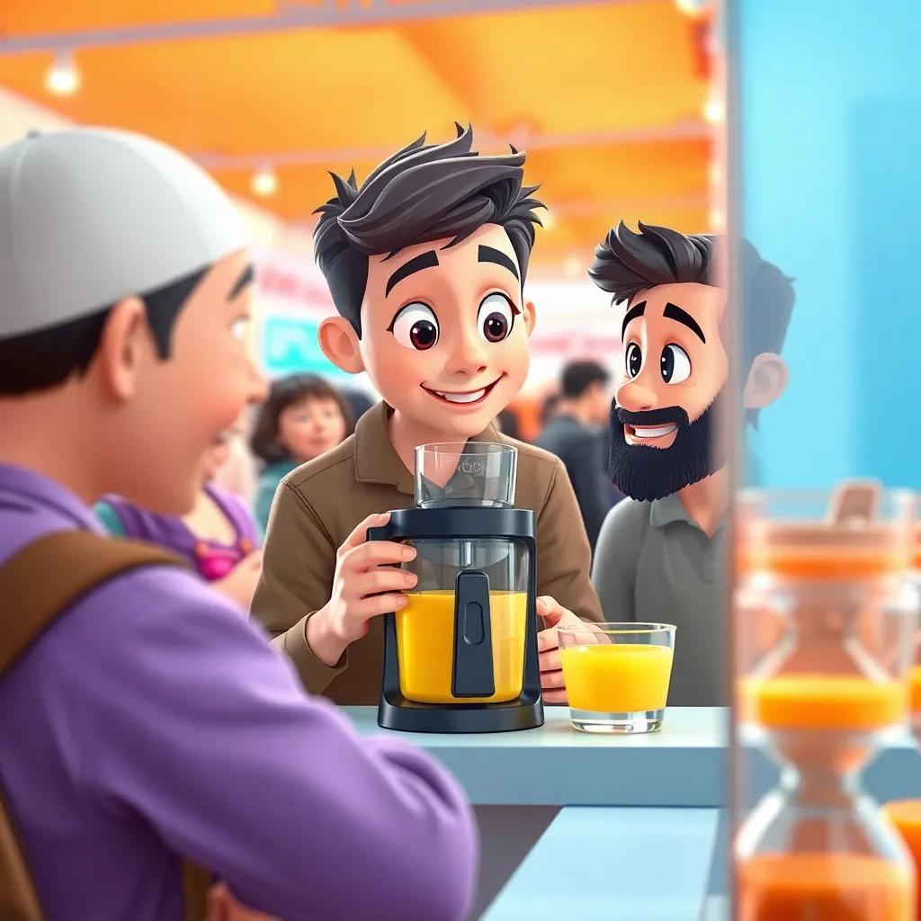 A close-up of محمد and his friends admiring their juice maker model at a fair, with people showing interest, bright and cheerful surroundings, illustration, lively colors, festive atmosphere, high quality