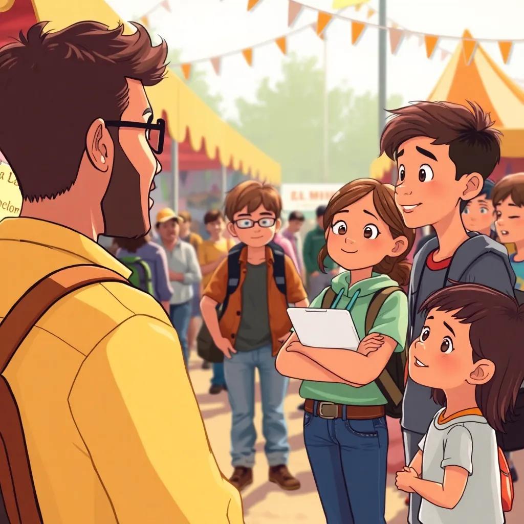 A visitor at the fair asking about their project, with محمد proudly explaining, surrounded by curious onlookers, illustration, warm colors, engaging scene, high quality