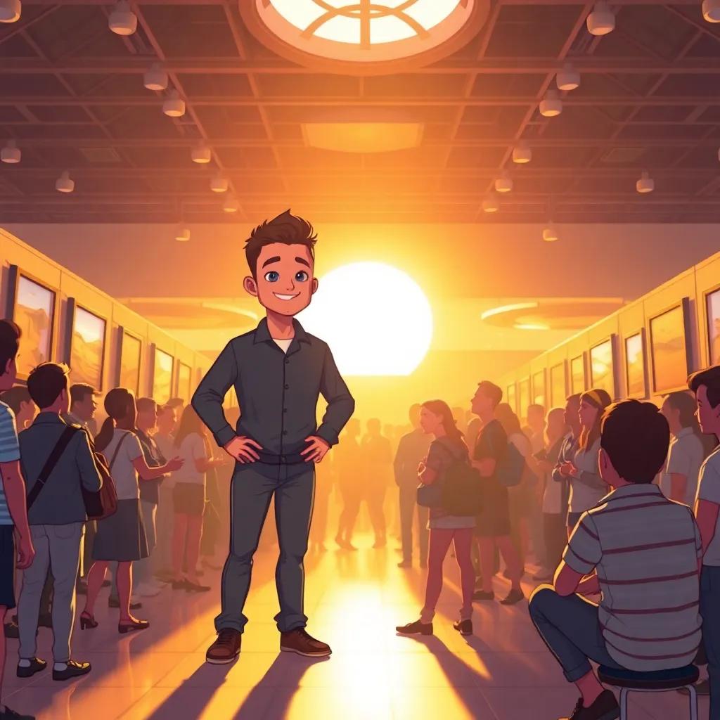 محمد standing tall with a proud smile, after their project amazed everyone at the exhibition, feeling accomplished, illustration, golden sunset, triumphant atmosphere, high quality