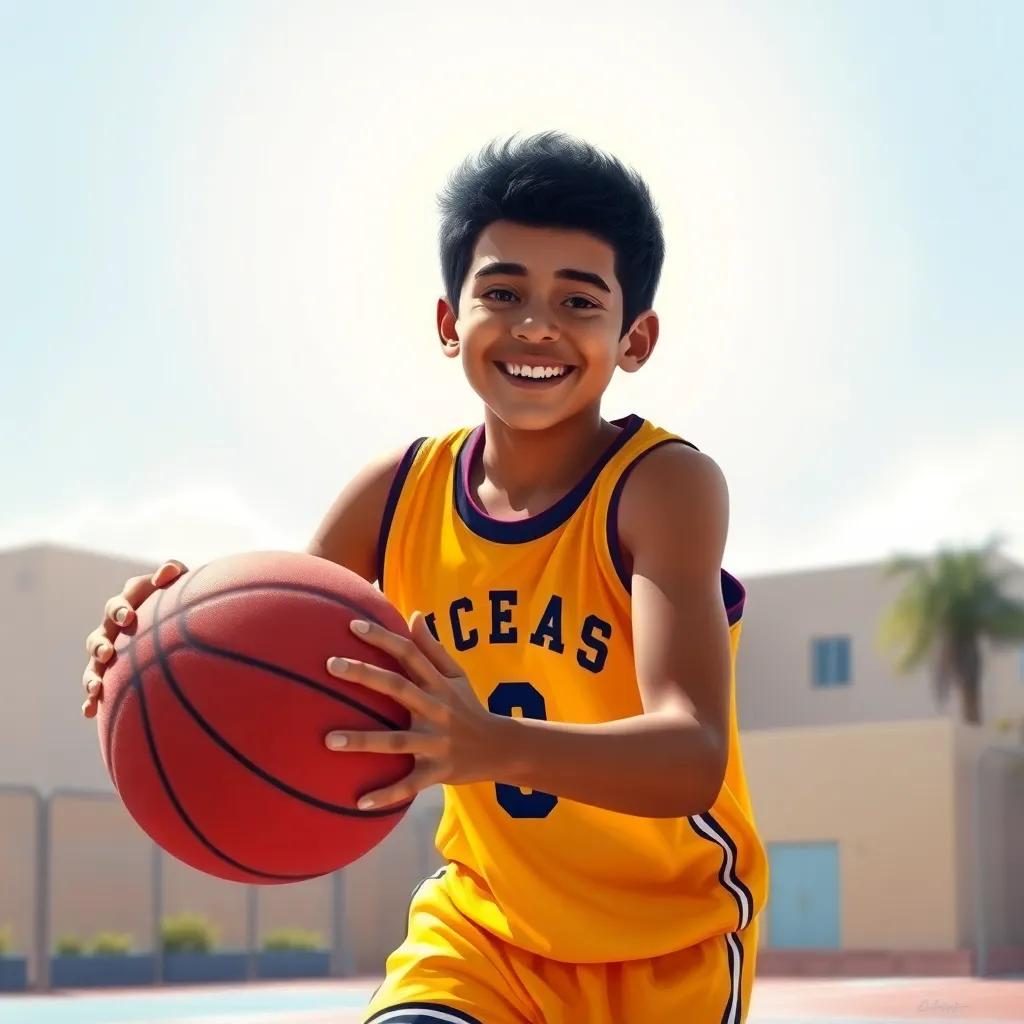 A young Arab boy, Mohamed, with black hair, wearing a bright basketball jersey and shorts, practicing basketball on a sunny morning with a big smile, digital art, cheerful atmosphere, vivid colors, high quality