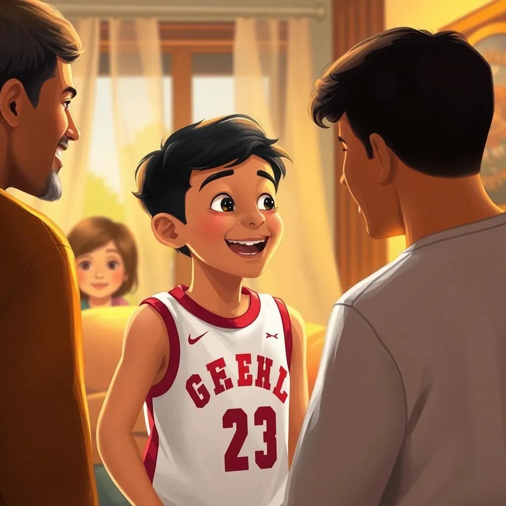 A young Arab boy, Mohamed, with black hair in a basketball jersey, excitedly talking to his parents at home about the basketball competition, warm light, cozy environment, happy family, digital illustration, vibrant colors, heartwarming scene