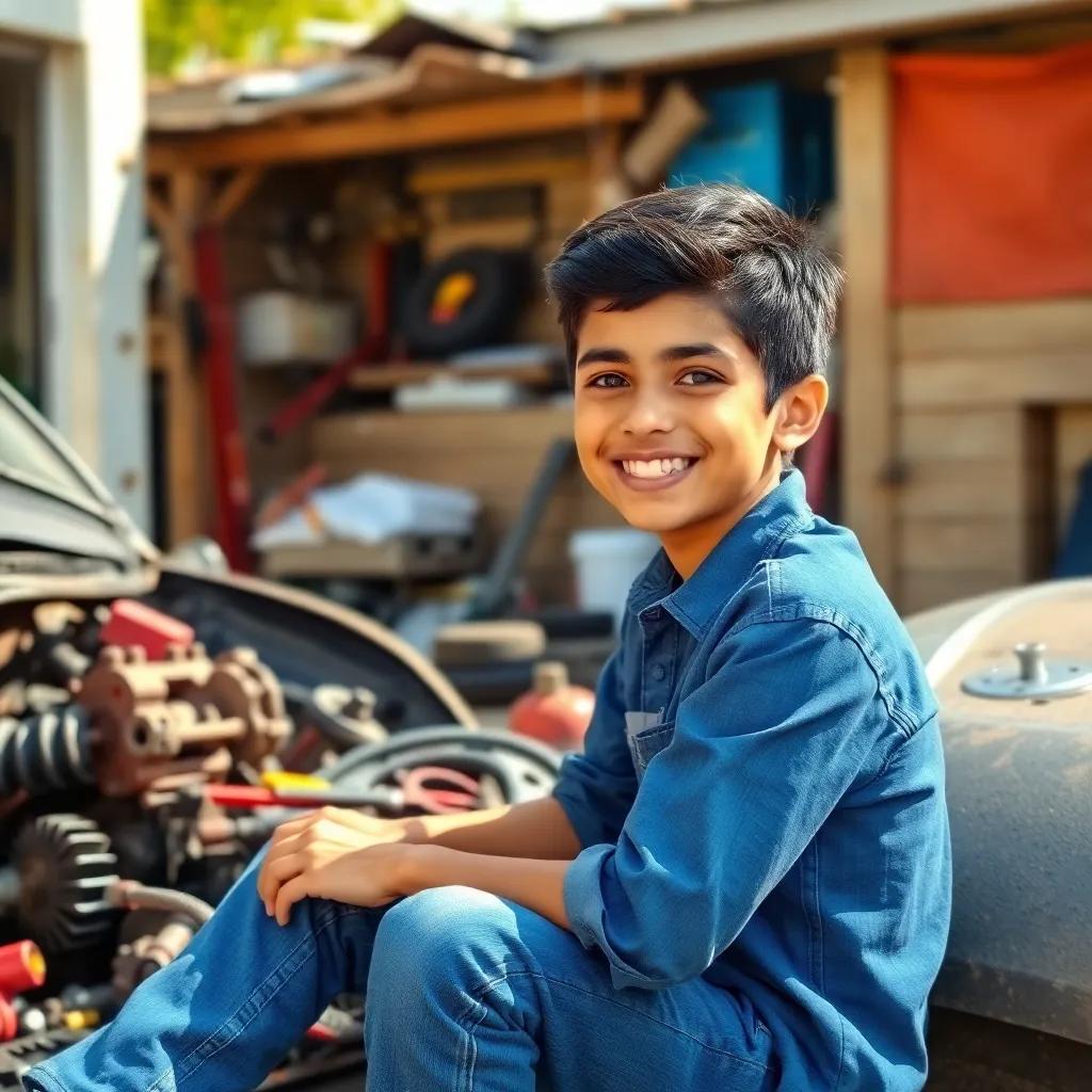 A young Arab boy, محمد, with short black hair, wearing a blue shirt and jeans, sitting in his backyard surrounded by tools and car parts, smiling as he works on his car, bright sunlight, cheerful atmosphere, playful and inviting, high quality
