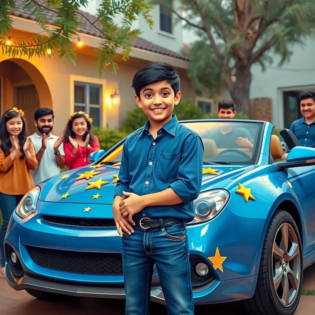 محمد, a young Arab boy with short black hair, wearing a blue shirt and jeans, proudly standing next to his blue car decorated with stars in his backyard, surrounded by his happy friends who are applauding, warm colors, joyful scene, closeup, high quality