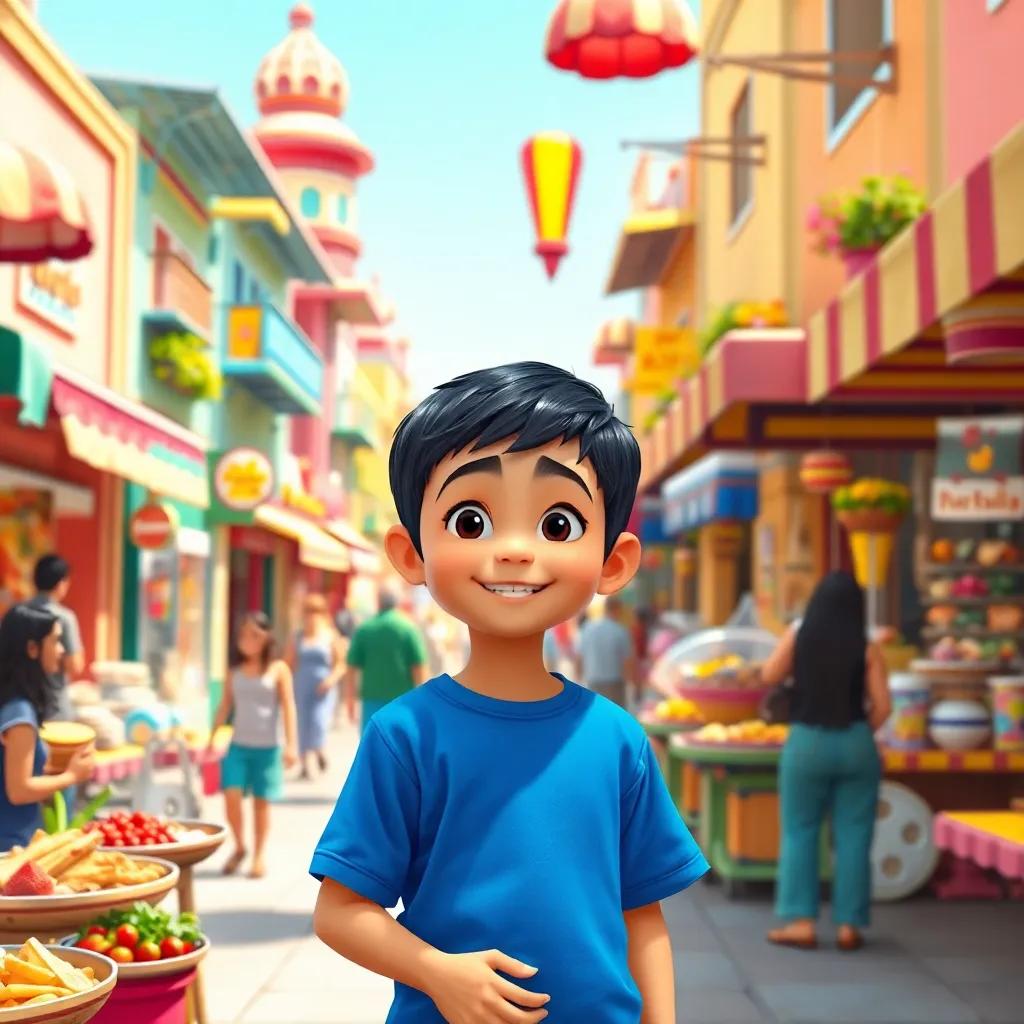 A young Arab boy, Mohammed, with short dark hair in a blue shirt, exploring a vibrant new country with colorful streets and smiling people, delicious foods all around, warm sunlight, inviting scene, child-friendly and adventurous, high quality