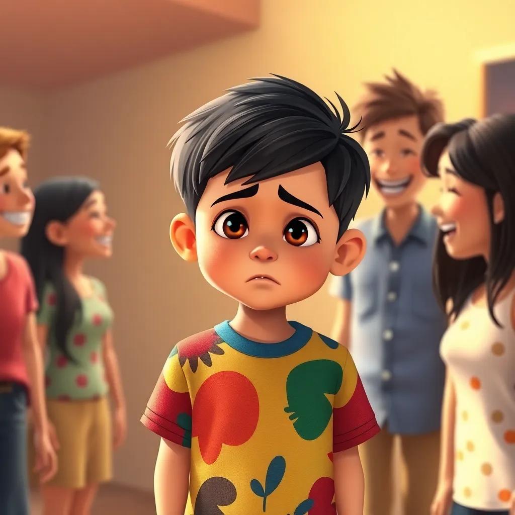A young boy with a sad expression, wearing a colorful shirt, standing alone while others are laughing and talking together, illustration, warm colors, friendly atmosphere, high quality