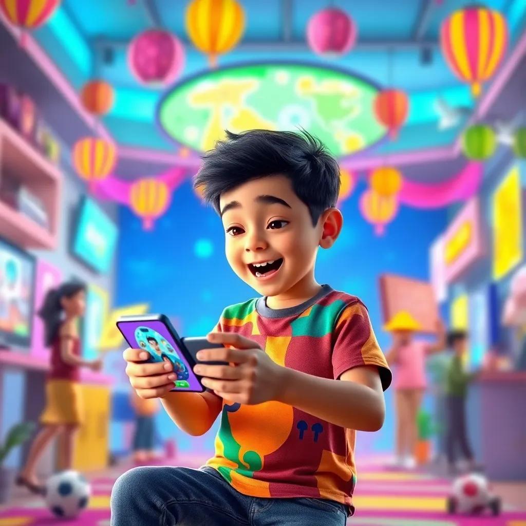 A young Arab boy, Mahmoud, with short black hair wearing a colorful t-shirt and jeans, excitedly playing games on his smartphone surrounded by animated bright visuals, digital art, vibrant colors, lively atmosphere, child-friendly, high quality