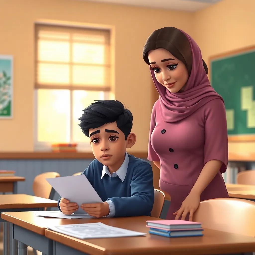 A classroom with a caring teacher, Ms. Maryam, watching Mahmoud with concern as he thoughtfully looks at his lowered grades on paper at his desk, bright classroom, welcoming light, warm colors, daily school life, engaging interaction, high quality
