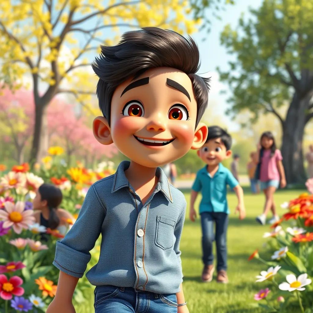 A young boy named Ali, wearing a blue shirt and jeans, smiling and playing with friends in a sunny park filled with flowers, cheerful atmosphere, bright colors, joyful scene, digital art