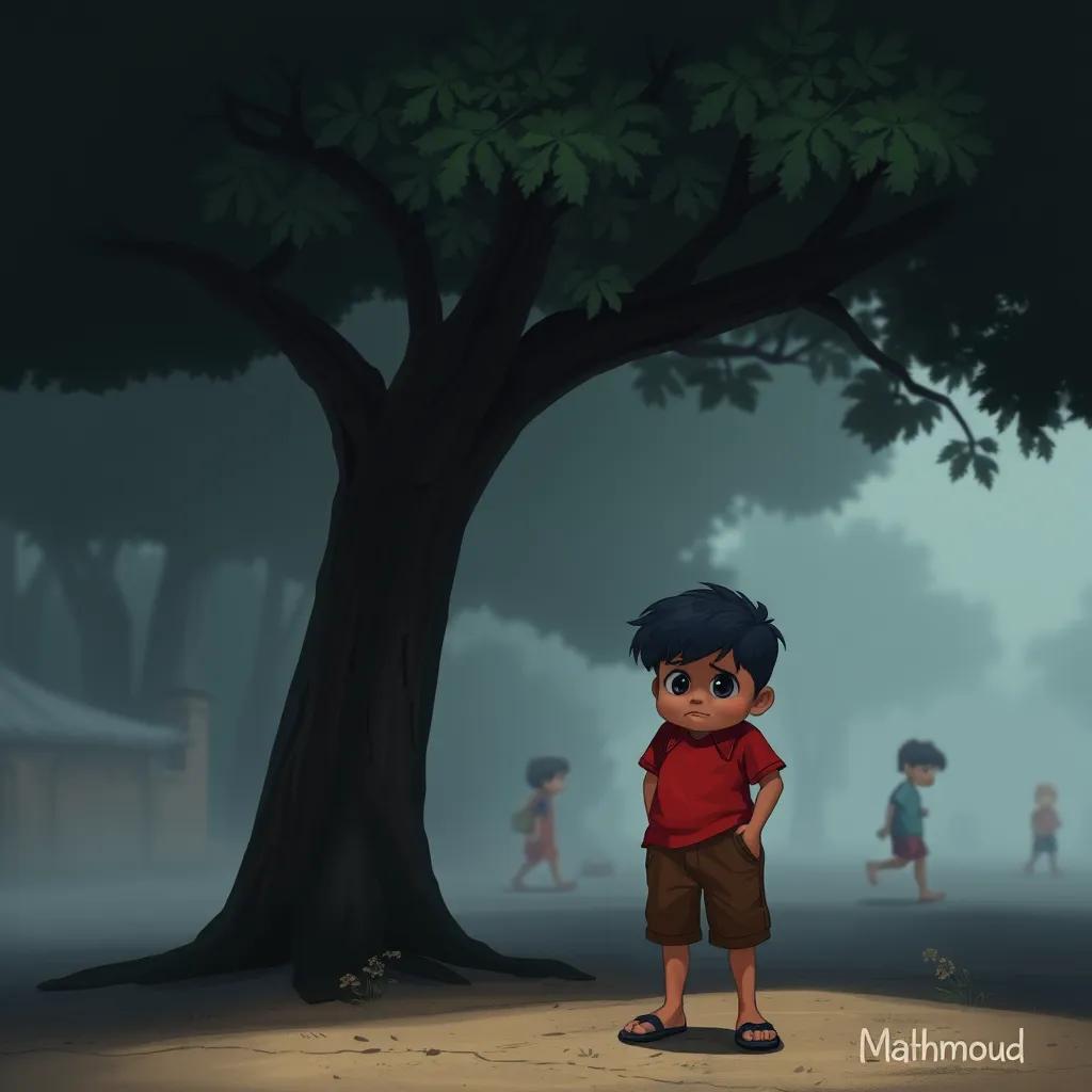 A boy named Mahmoud, wearing a red shirt and shorts, standing alone with a frown under a tree, looking displeased while other children play, gloomy atmosphere, dark colors, sad scene, digital illustration