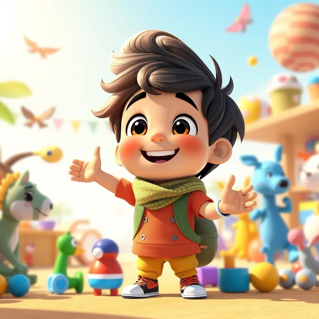 Ali, the smart boy, encouraging everyone to join in the fun, with colorful toys and laughter around, positive energy, bright sunlight, warm colors, high quality illustration