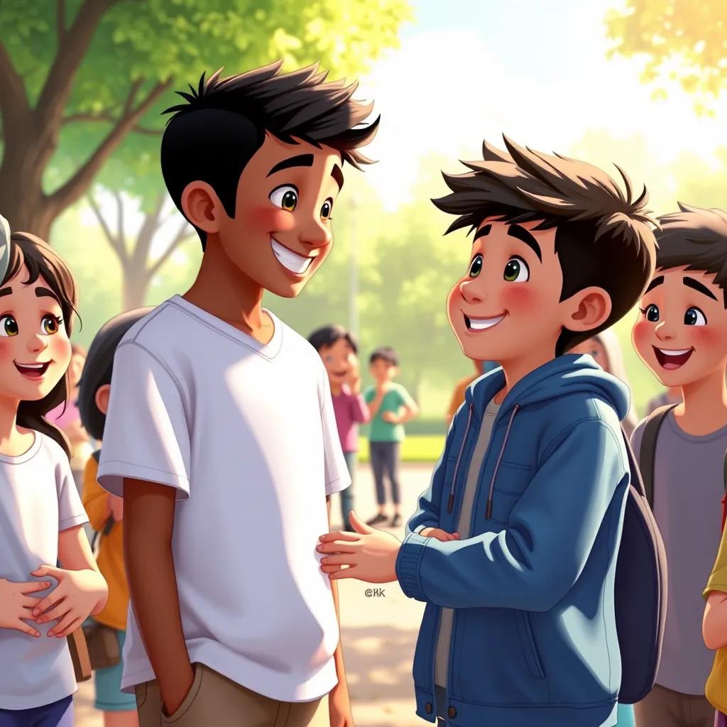 Ali, praising Mahmoud in front of everyone, both boys smiling, surrounded by happy friends in a park, showing kindness and understanding, uplifting scene, vibrant colors, heartwarming art