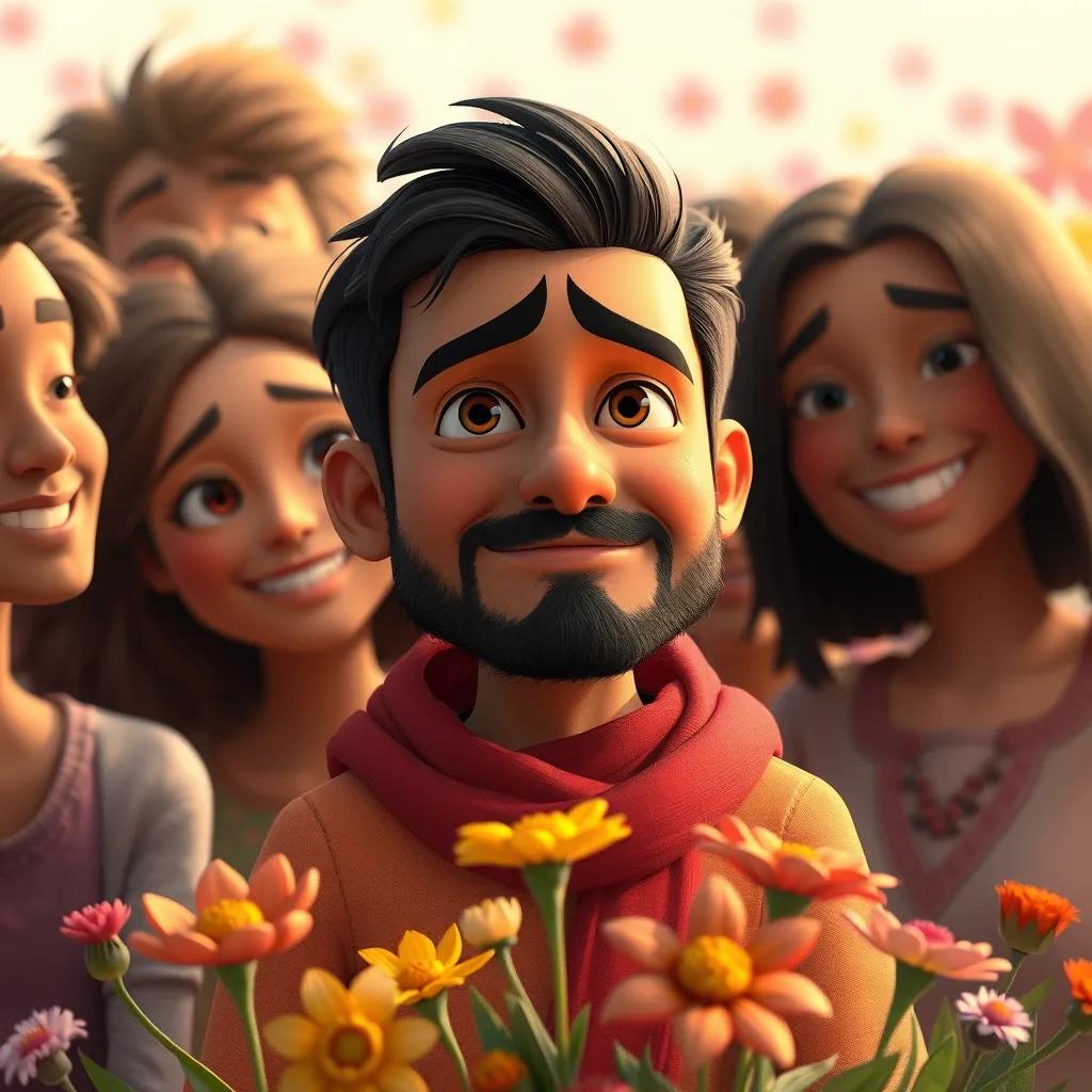 Mahmoud feeling remorseful with a small smile, surrounded by friends who are forgiving, colorful flowers in the background, representing friendship and growth, inspirational art, soft light, warm colors