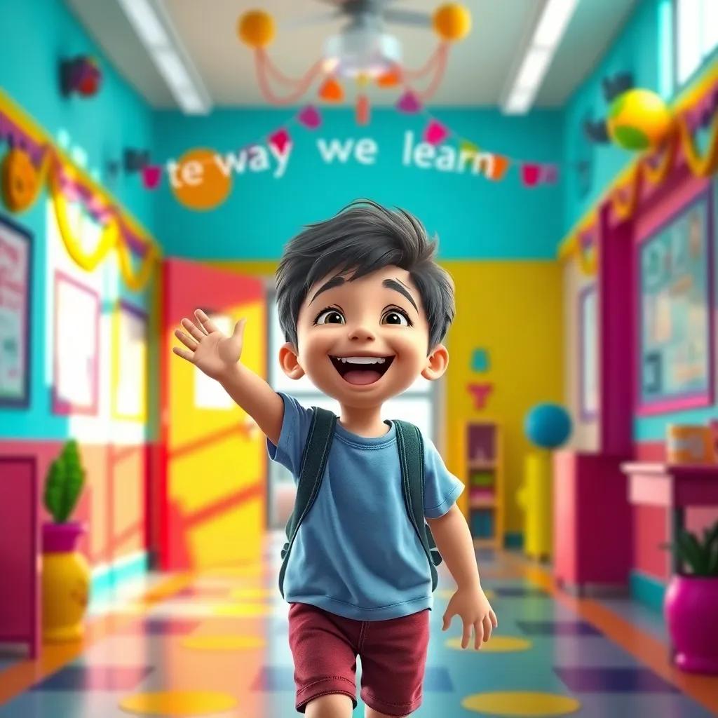 A cheerful child entering a colorful school with bright decorations, shouting joyfully 'Let's change the way we learn!', vibrant atmosphere, digital art, bright colors, engaging scene, high quality
