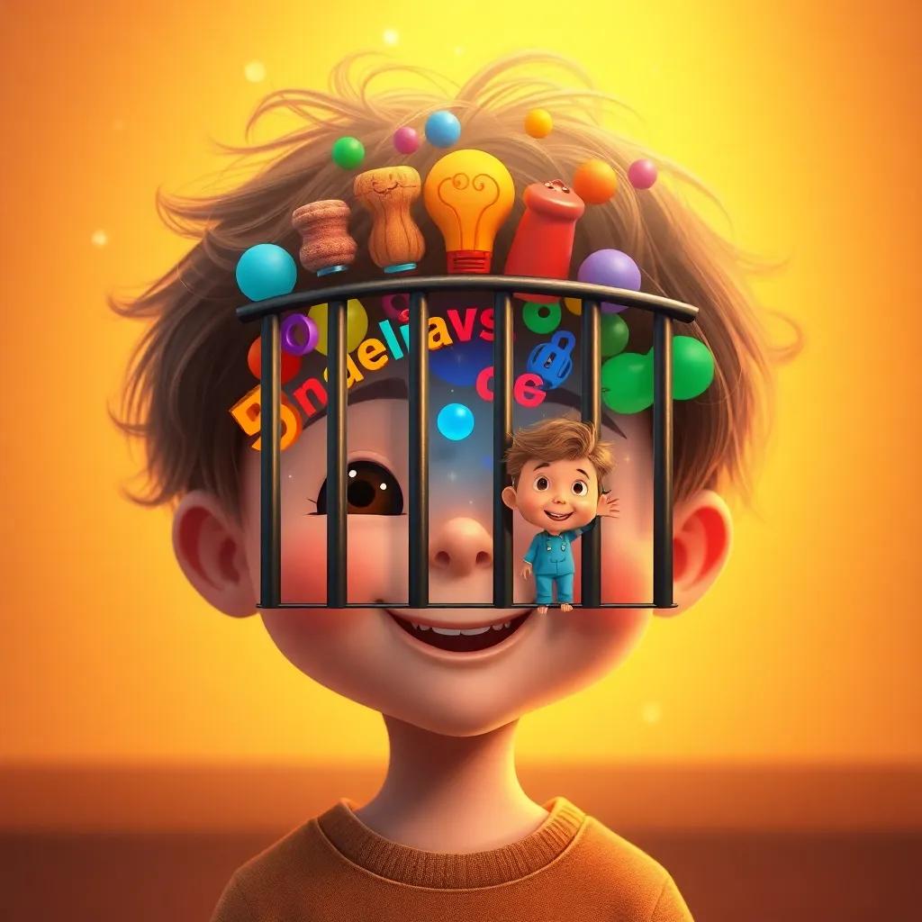 A magical scene inside a child's head with bars blocking colorful ideas, a tiny version of the child breaking the bars with a big smile, whimsical, bright colors, imaginative, warm light, high quality