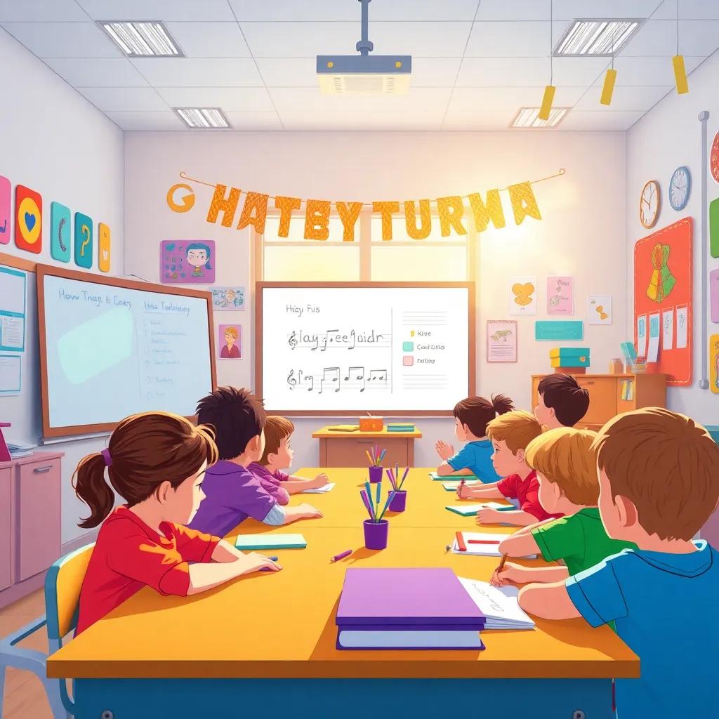 A vibrant classroom setting with children of different backgrounds, studiously engaged with a smart board, colorful decorations on the walls, bright sunlight pouring in, heartwarming scene, high quality