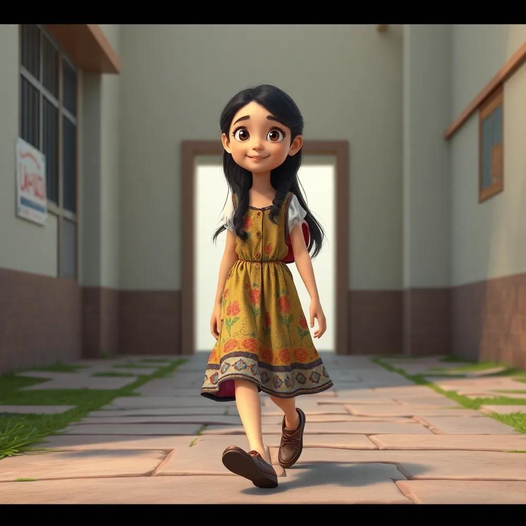 A young Arab girl, نارين, with long, dark hair, wearing an old, colorful dress and worn-out shoes, walking confidently towards a school entrance, bright colors, cheerful atmosphere, high quality
