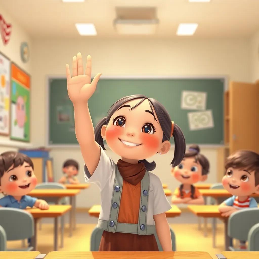 A scene inside a classroom, نارين raising her hand with a smile, the teacher looking encouraging, and other children watching curiously, colorful classroom decorations, inviting light, warm feeling, high quality