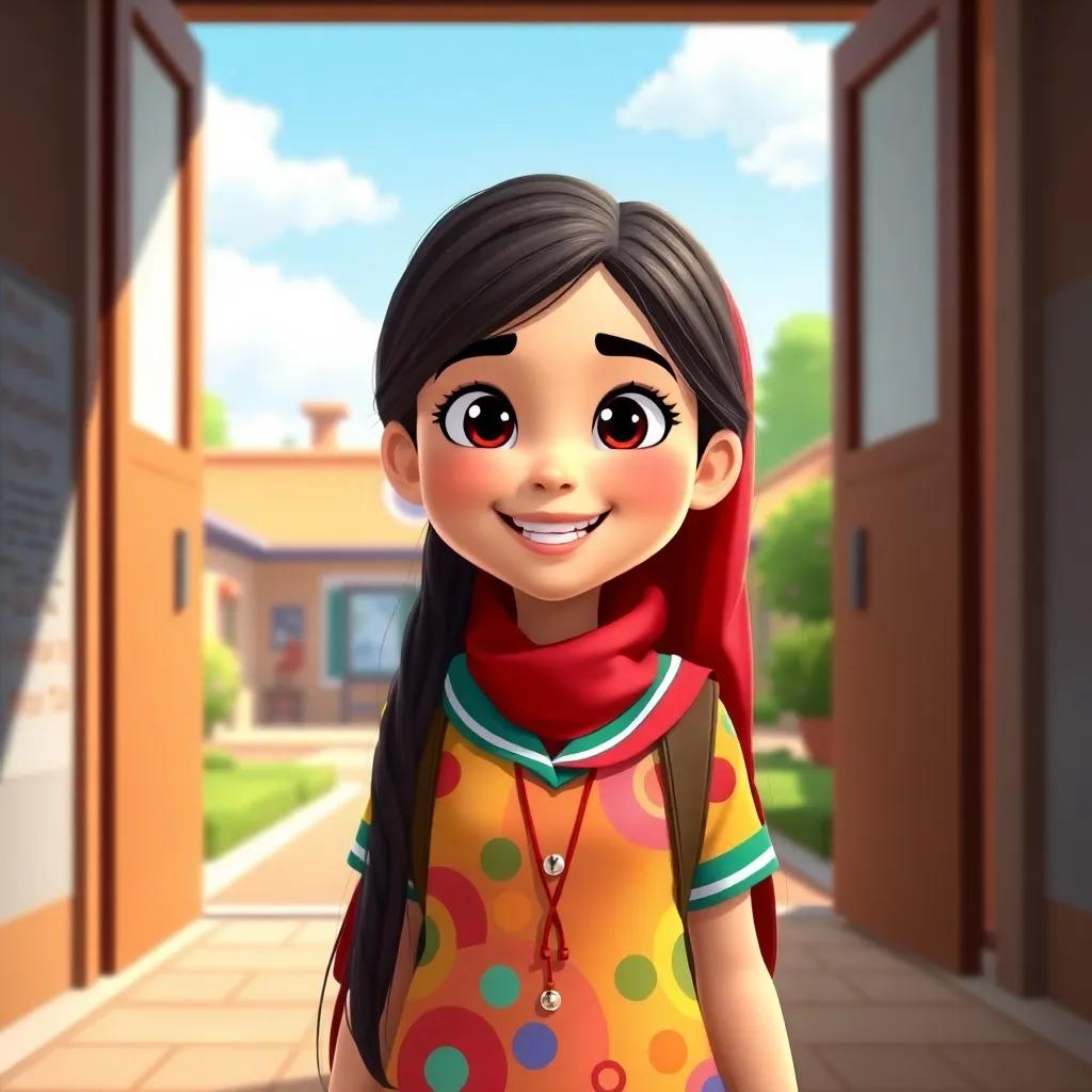 A cheerful young Arab girl, Sarah, with long, dark hair wearing a colorful school uniform, entering a school with bright sunshine and a welcoming atmosphere, digital art, vibrant colors, joyful scene, high quality