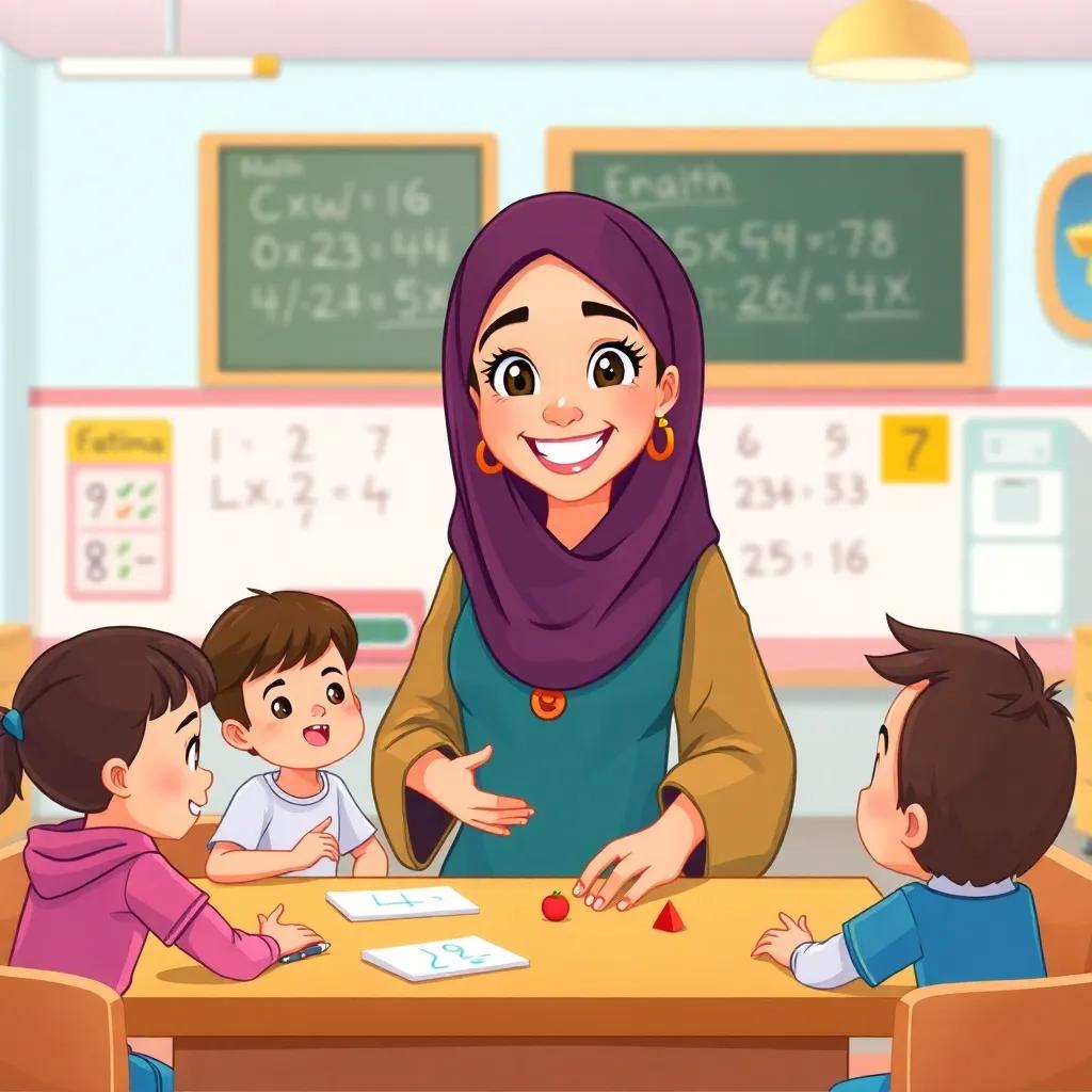 A friendly teacher, Fatima, a Middle-Eastern woman with a bright smile in a beautiful abaya, teaching math to young students in a colorful classroom, illustration, warm and inviting, engaged children, high quality