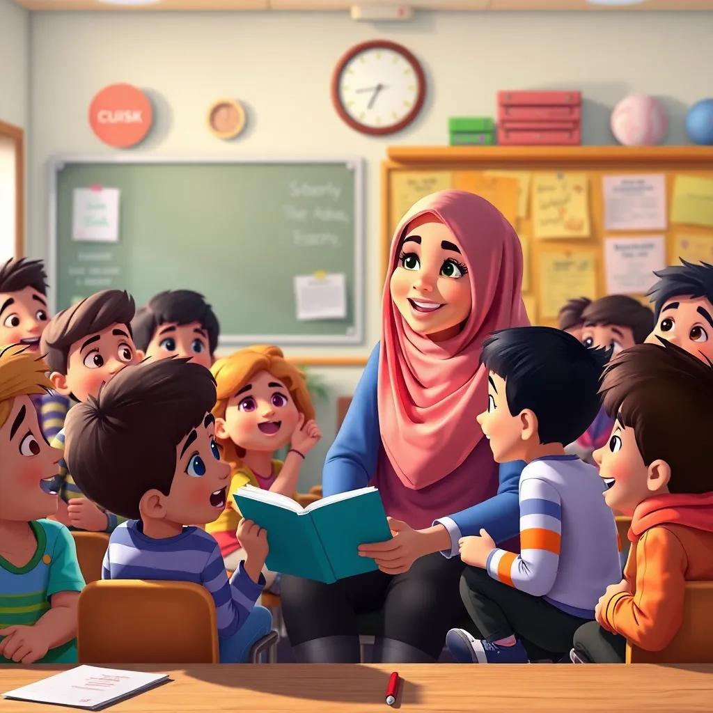 A classroom full of children excitedly sharing their story ideas with their teacher, Hala, an Arab woman wearing a stylish hijab and a smile, digital painting, colorful, animated atmosphere, high quality