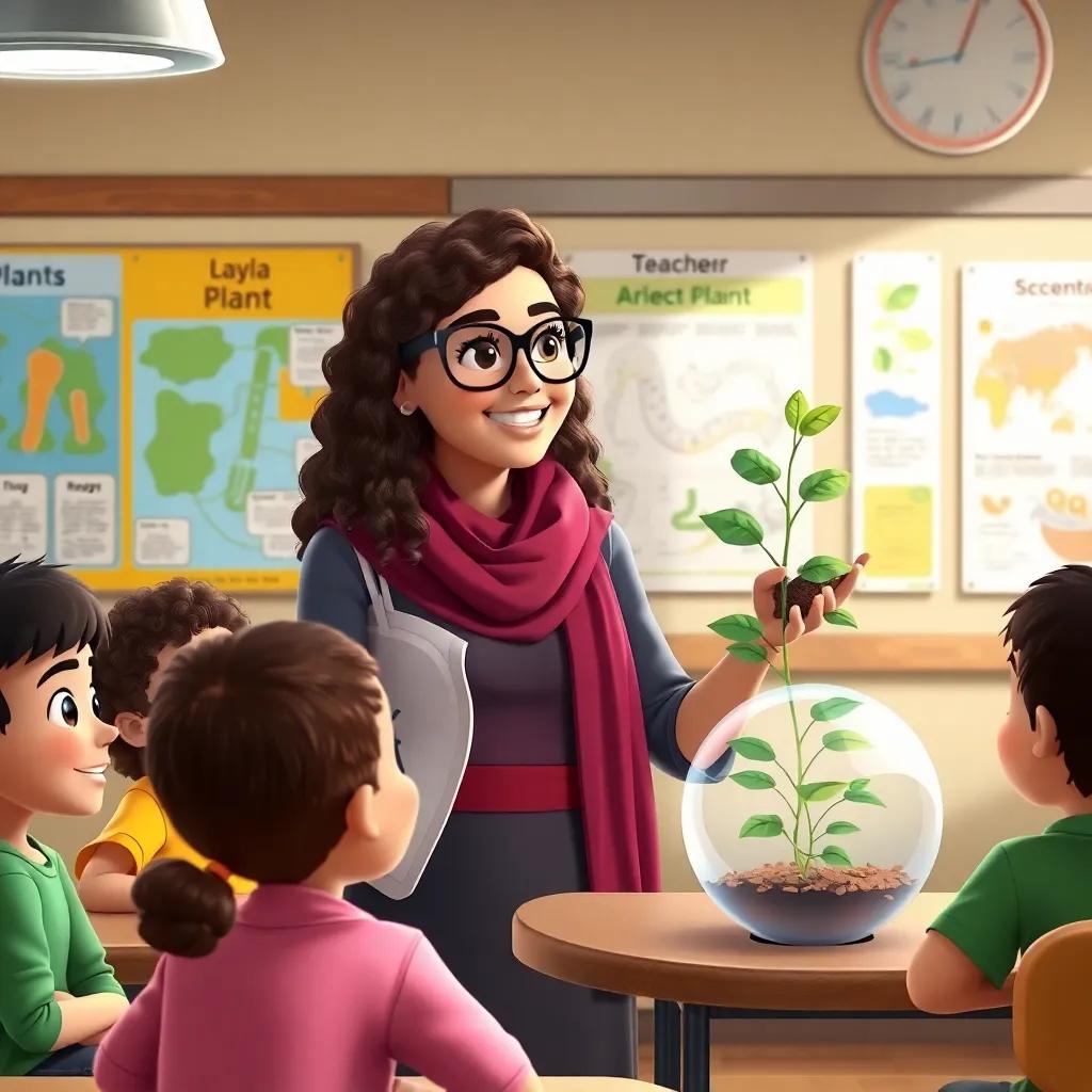 A classroom scene with the science teacher, Layla, an Arab woman with curly hair and glasses, explaining plant growth to curious children, surrounded by educational posters, digital art, vibrant and educational, high quality