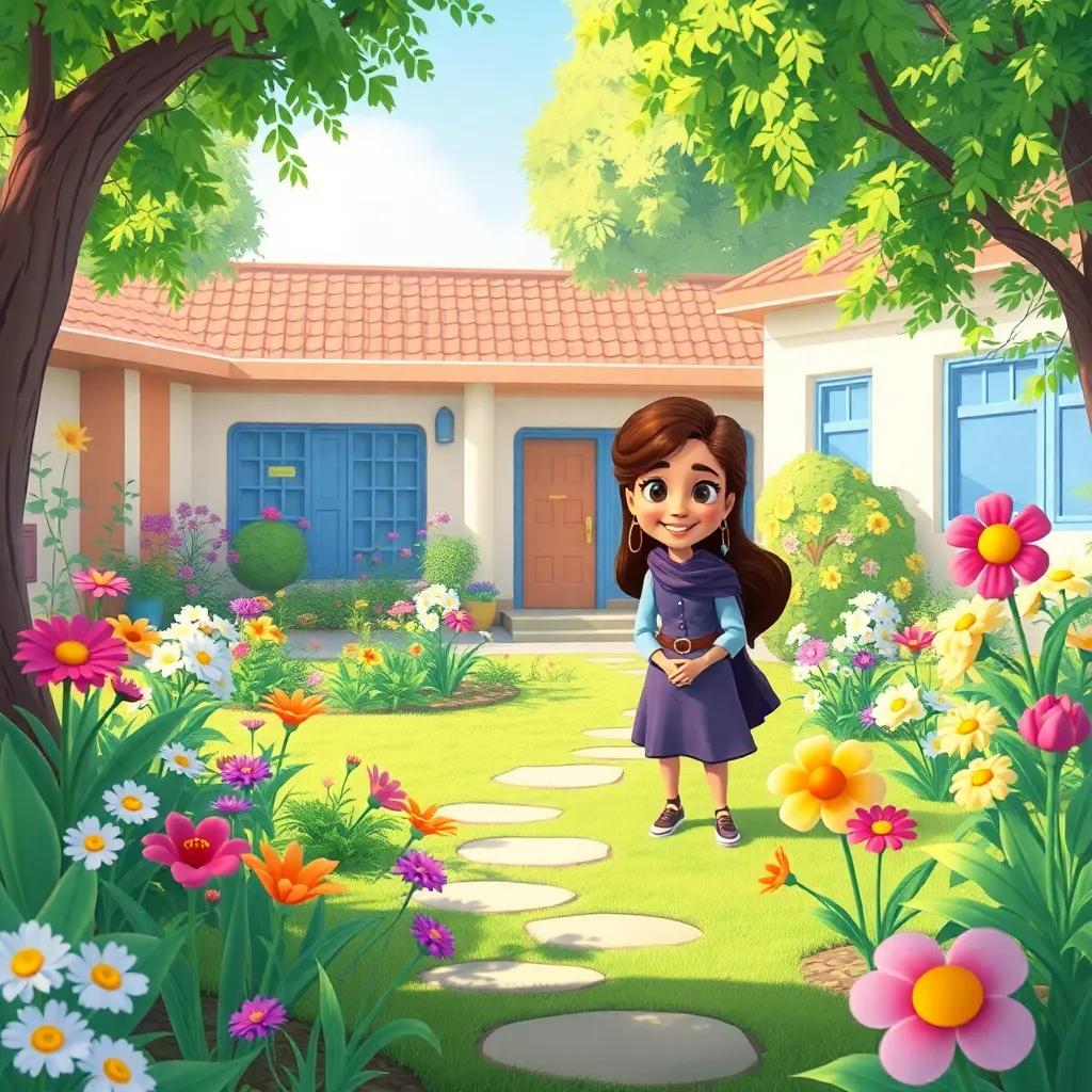 A beautiful school garden with various flowers, where Sarah and friends play, with the principal standing nearby, RYof Al-Haisouni, an Arab woman with stylish hair and a warm smile, illustration, cheerful and inviting, high quality