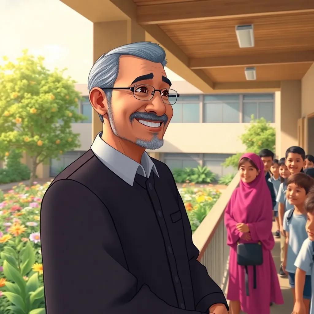 A portrait of a warm principal, RYof Al-Haisouni, observing students from a balcony, smiling, with a school garden in the background filled with flowers, digital art, friendly atmosphere, high quality