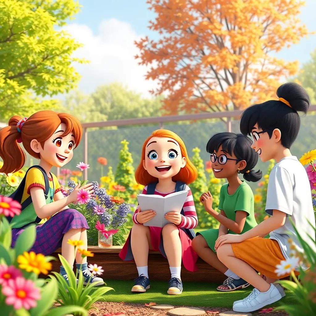 Sarah and her friends enjoying their time in the school garden and making plans for the future, lively group interaction, vibrant colors in a sunny background, digital illustration, joyful moment, high quality