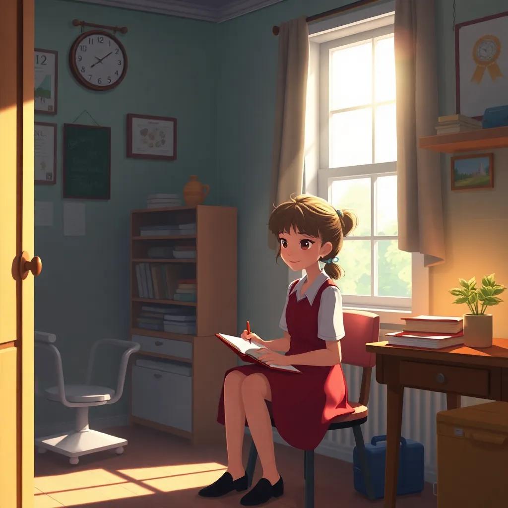 A cozy school scene where Sarah reflects on her day in her room, writing in her diary, sunlight streaming through the window, digital painting, intimate and warm atmosphere, high quality