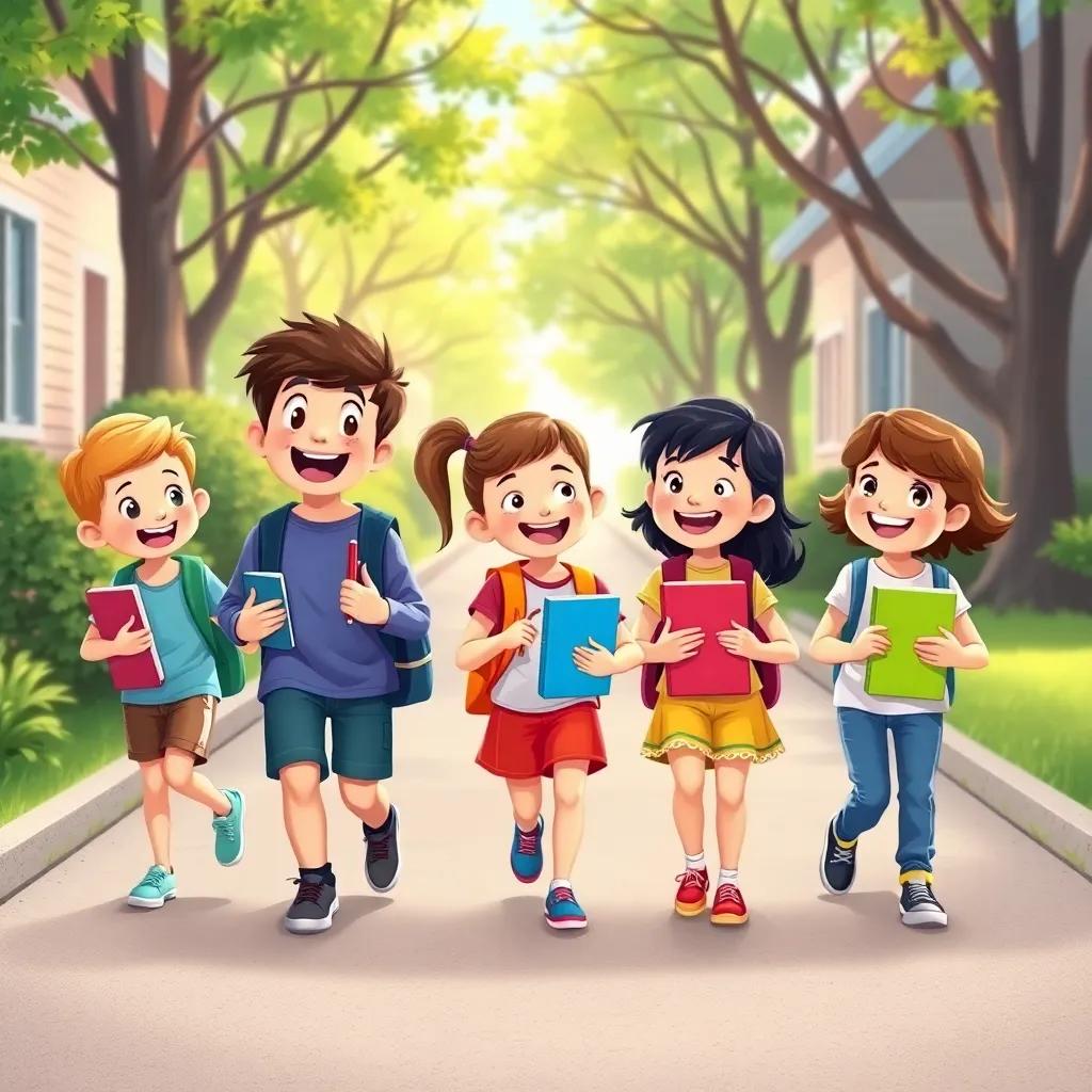 A group of happy children walking home from school together, excitedly talking about their day, colorful notebooks in their hands, illustration, cheerful and friendly, high quality