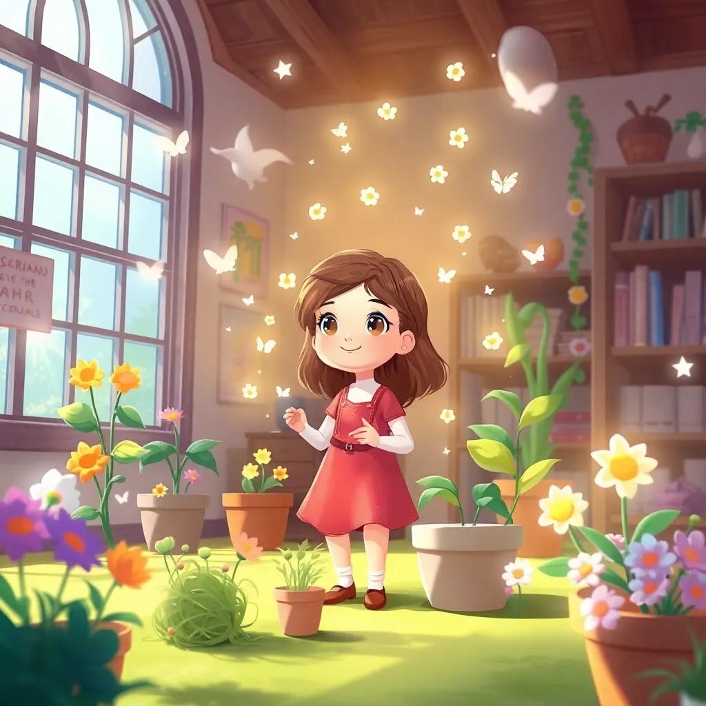 A dreamy illustration of Sarah's spirits as she imagines exciting adventures in her school and plans to take care of the plants, whimsical style, vibrant colors, imaginative setting, high quality