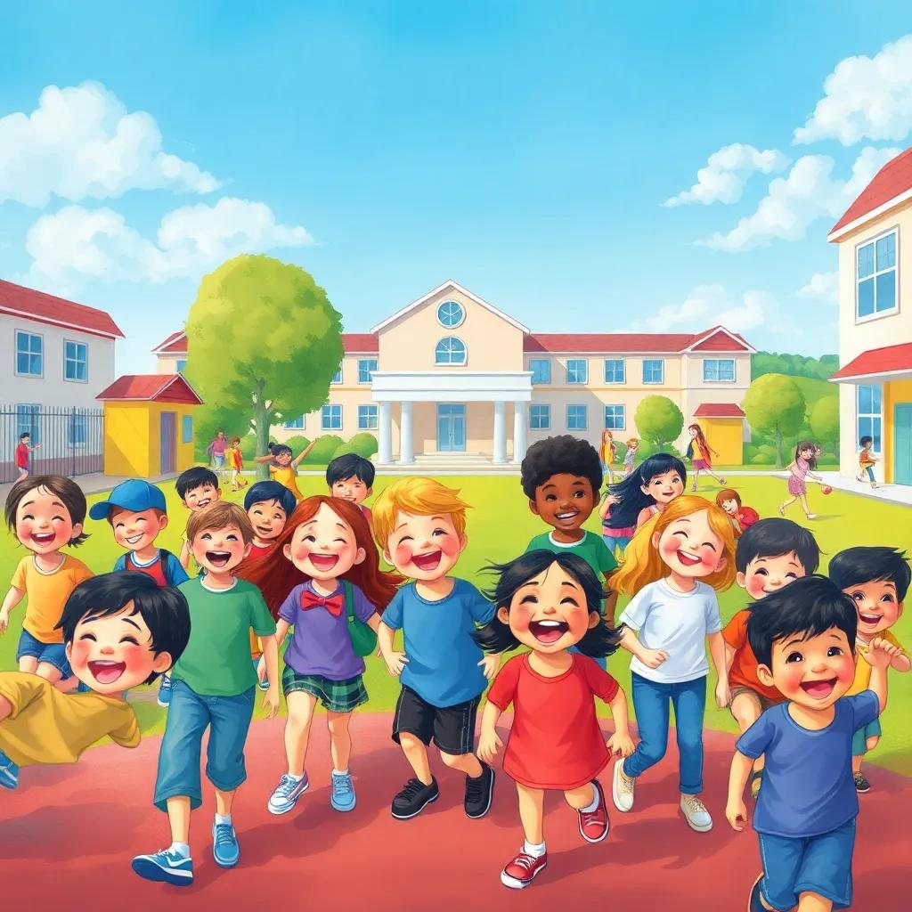 A lively school playground filled with happy children playing and laughing, with bright colors and a blue sky, children of various ethnicities wearing casual clothes, cheerful atmosphere, illustration, playful, engaging, vibrant