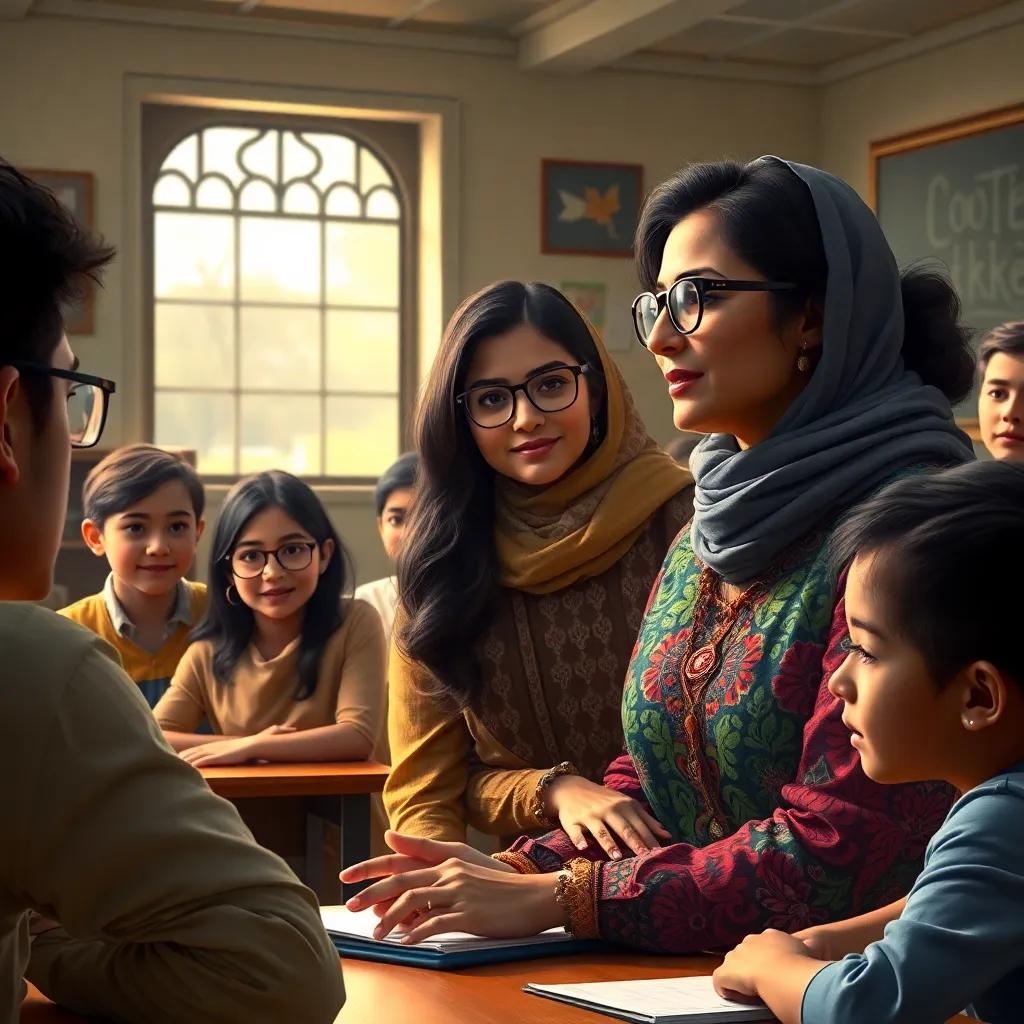 A classroom scene with a teacher, Naswa, a Middle-Eastern woman in her 30s wearing glasses and a colorful blouse, interacting with attentive students, lively learning environment, detailed digital art, warm light, focused atmosphere