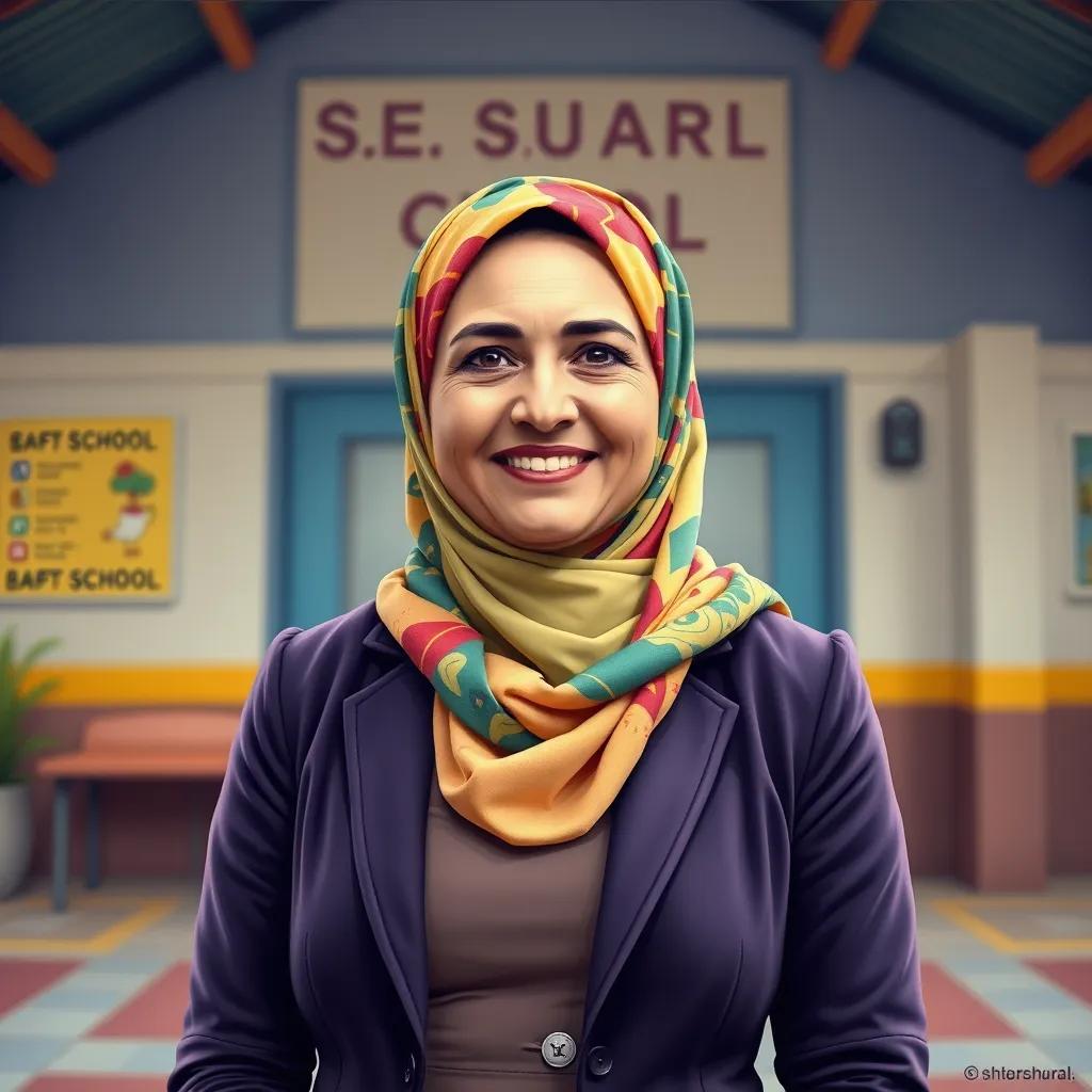 A school director, Suhad, a middle-aged Arab woman, wearing a colorful hijab and a smart dress, standing proudly in front of her school, joyful atmosphere, digital art, vibrant colors, optimistic lighting, high quality