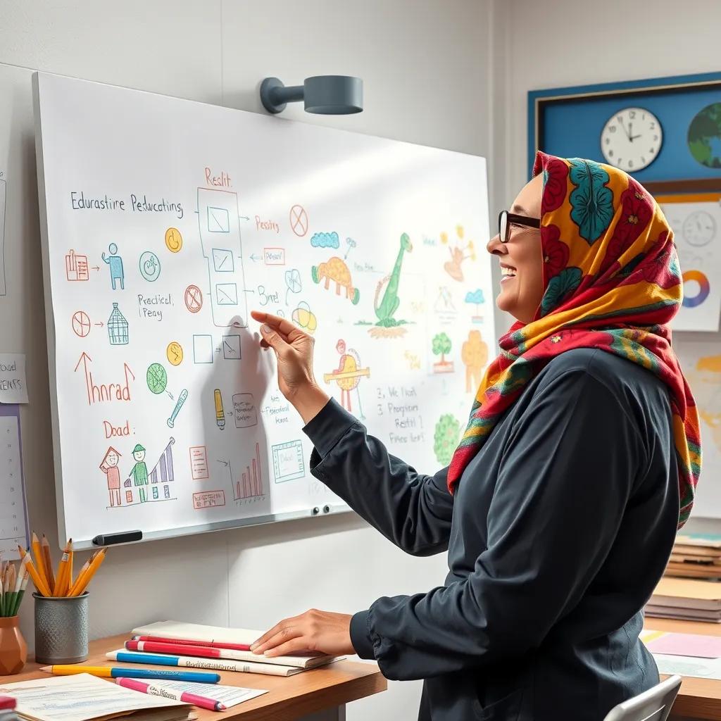 Suhad, a middle-aged Arab woman in a colorful hijab, excitedly brainstorming ideas on a big whiteboard in her classroom, surrounded by colorful drawings and educational tools, inspiring workshop setup, detailed illustration, cheerful lighting, high quality