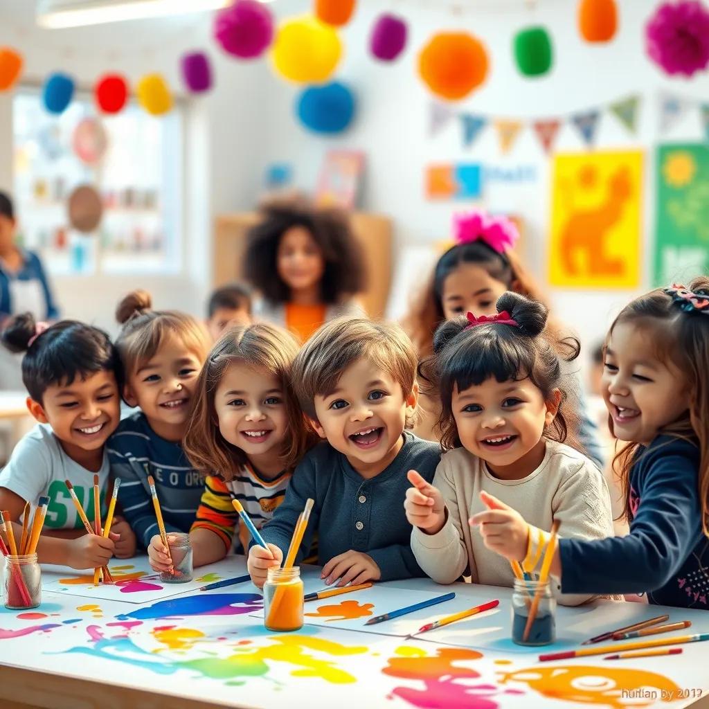 Children of different ethnicities attending a fun art workshop in a bright classroom, led by Suhad, with paint and brushes around, laughter and excitement, colorful decorations, cheerful atmosphere, digital painting, vivid colors, warm light, high quality
