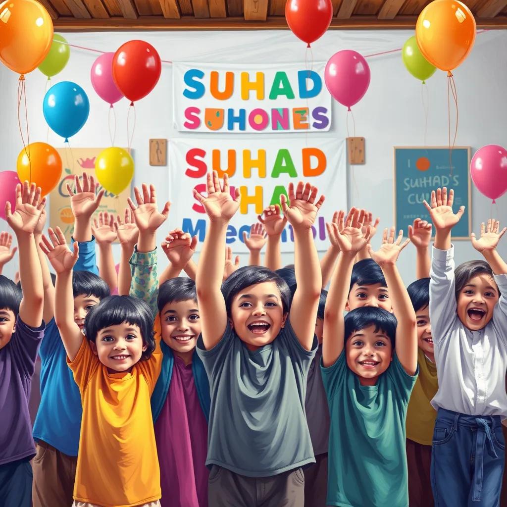 A group of happy children raising their hands in celebration at Suhad's school, with balloons and colorful banners in the background, feeling proud and excited about their achievements, joyful scene, digital art, bright colors, uplifting mood, high quality