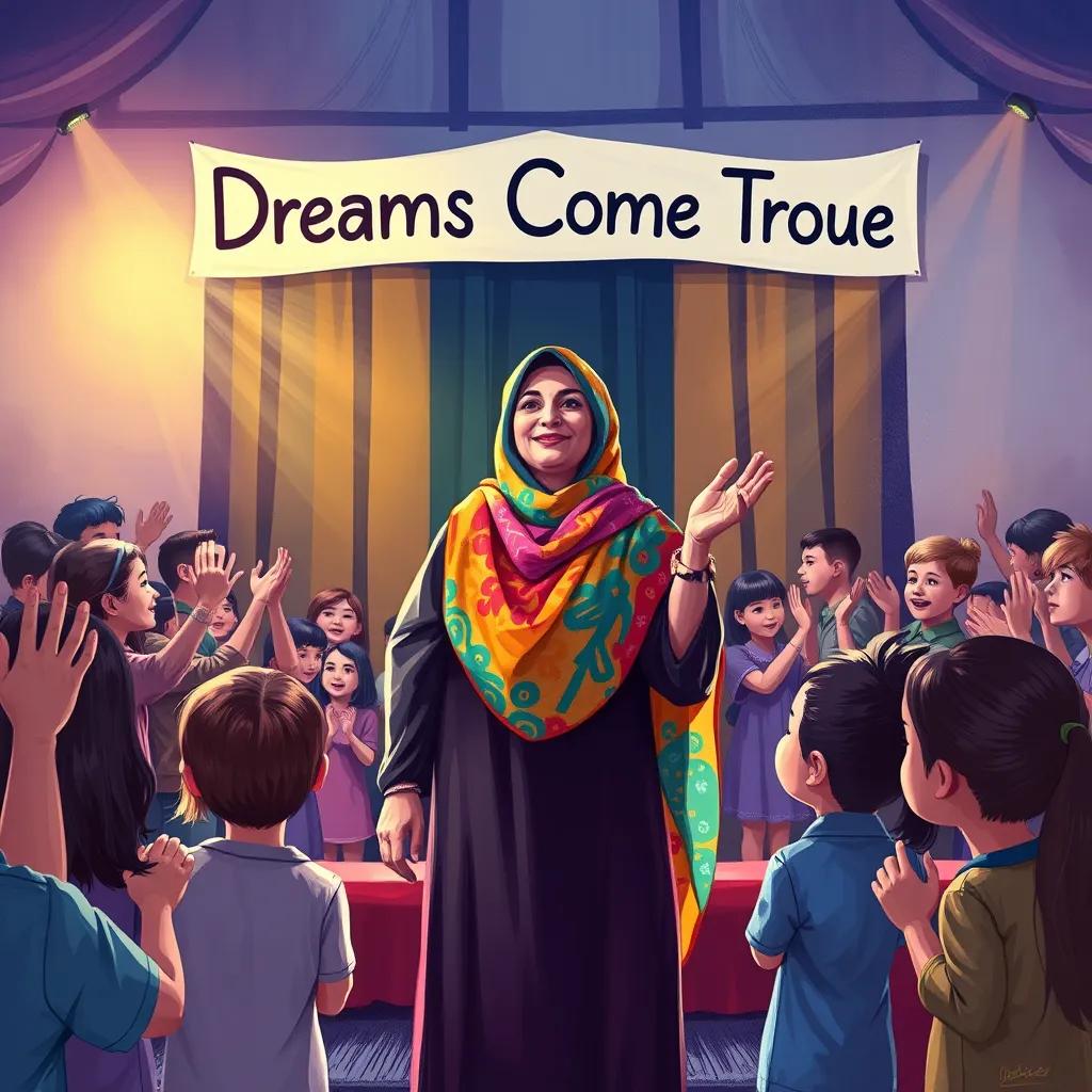 Suhad, a middle-aged Arab woman in a colorful hijab, standing on a stage during a school event, surrounded by clapping children and proud parents, a banner reading 'Dreams Come True', bright lights, joyous moment, digital illustration, vibrant colors, inspiring atmosphere, high quality