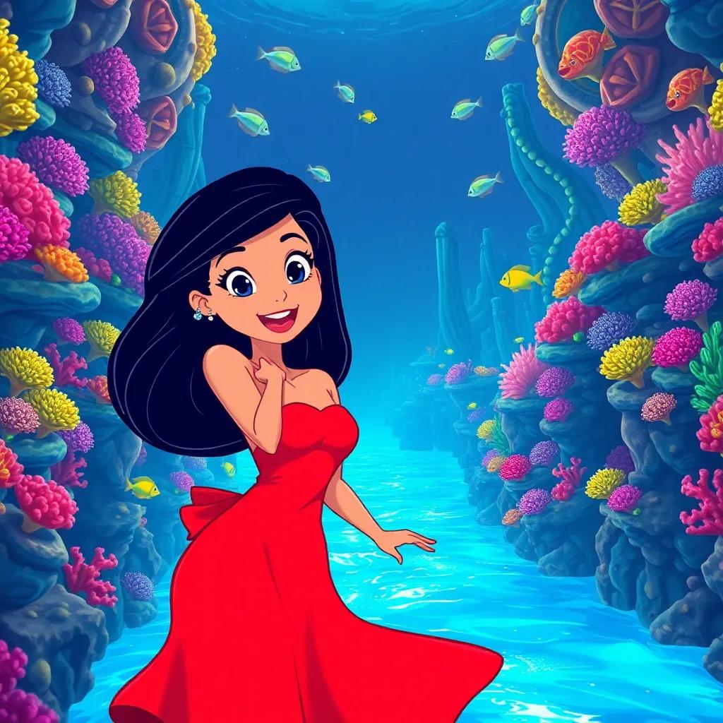A beautiful underwater city of Atlantis, colorful corals and dancing fish, Layla in a bright red dress with long black hair exploring with a surprised smile, shimmering blue water, joyful and adventurous, cartoon style, bright colors, engaging imagery