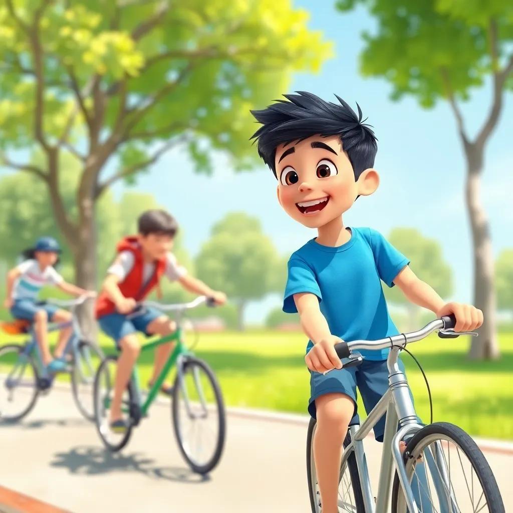 A young boy, Sami, with short black hair wearing a blue t-shirt and shorts, excitedly talking to his friend on bicycles in a bright sunny park, cheerful, playful, vibrant colors