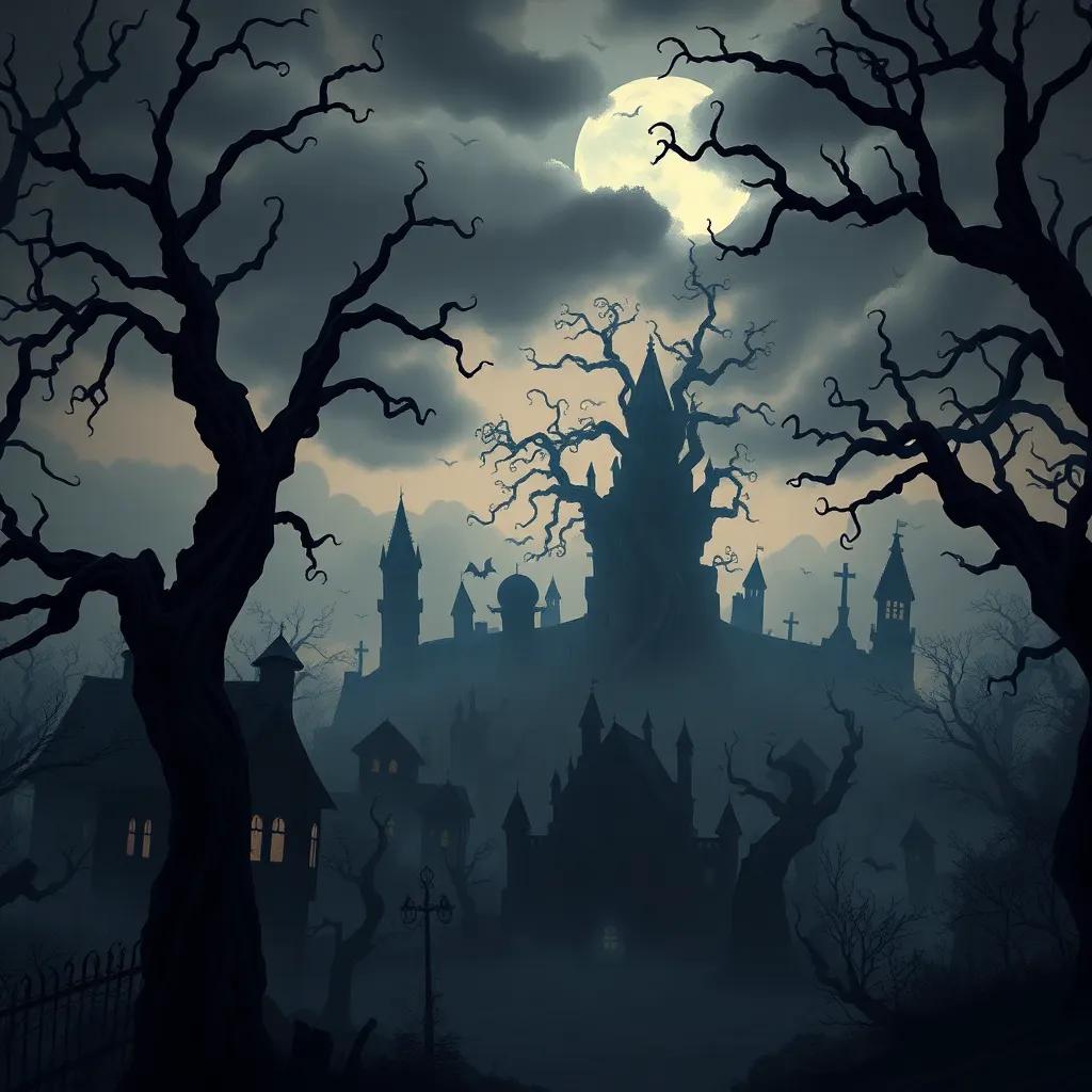 A spooky city with dark, twisted trees, ominous shadows, and old buildings under a cloudy sky, illustration, eerie but intriguing, mysterious atmosphere
