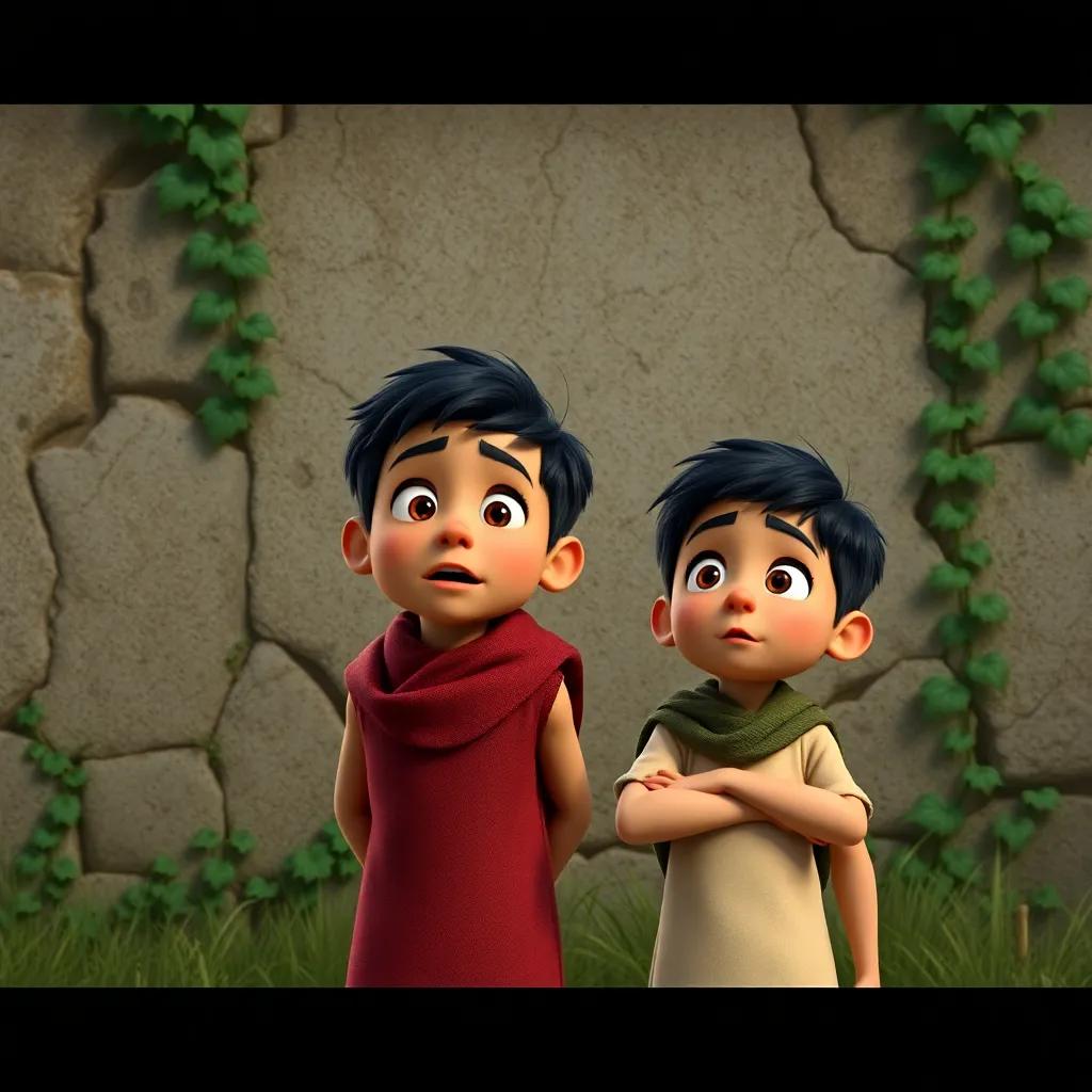 Sami and his friend looking surprised, hearing strange sounds, standing in front of an old crumbling wall with ivy, depicting curiosity and wonder, digital art, soft lighting