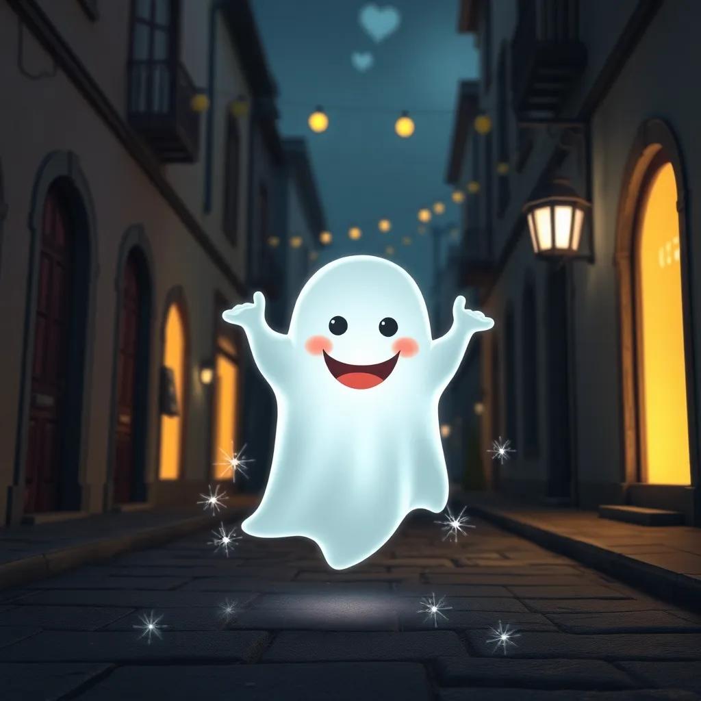 A friendly ghost, translucent and smiling, floating in front of Sami and his friend, with a magical sparkle around him in the darkened street of the ghost city, cheerful vibe, child-friendly