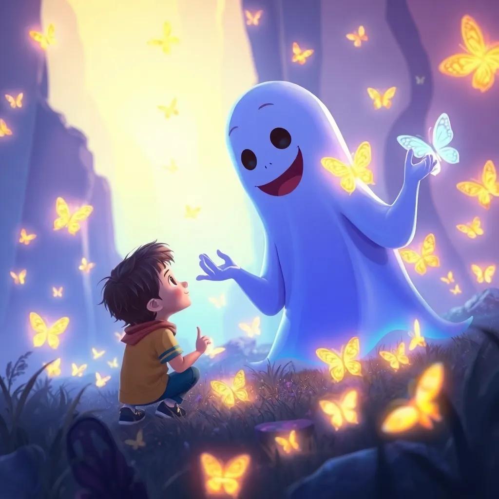 Sami asking the ghost about life in the ghost city, while the ghost joyfully explains, surrounded by glowing butterflies that illuminate the area, vibrant colors, high-quality illustration