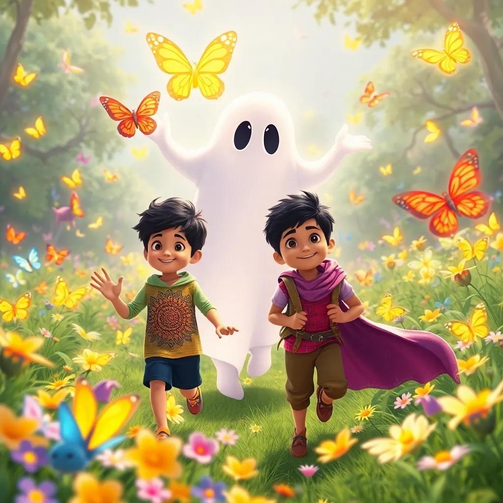 The ghost leading Sami and his friend into a field of shining butterflies, with bright colors and whimsical creatures all around them, joyful scene, adventure-themed