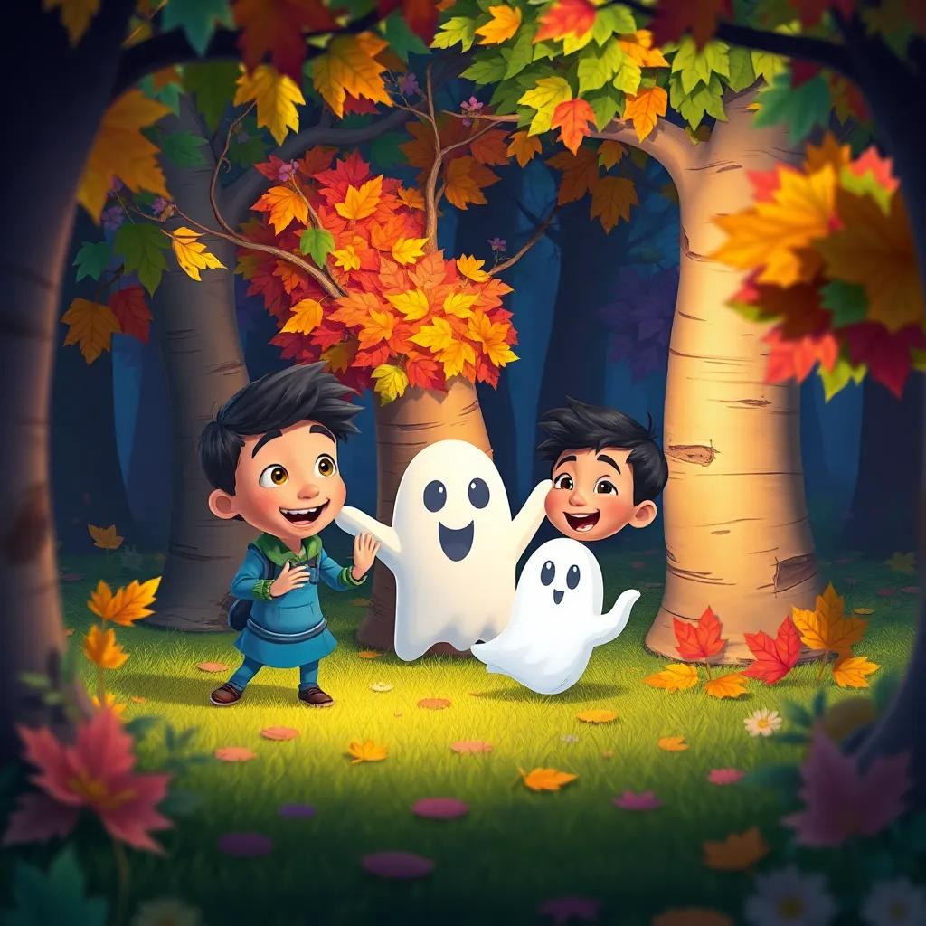 Sami, his friend, and the ghost playing a game of hide and seek among whimsical trees with colorful leaves, full of laughter, fun, and lightheartedness, lively