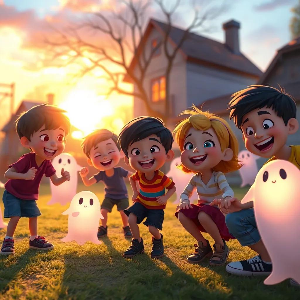The children enjoying the game with the ghosts, laughter in the air, with the setting sun casting a warm glow over the playful scene, happy and inviting atmosphere
